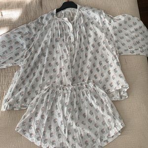 Doen Set - Jane Blouse Red Dahlia Block Print AND matching Seafarer Short